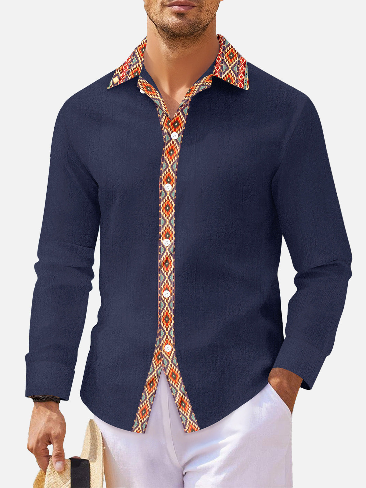 Men's Geometric Trim Linen Blend Long Sleeve Shirt Eleven Oasis
