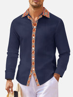 Men's Geometric Trim Linen Blend Long Sleeve Shirt Eleven Oasis