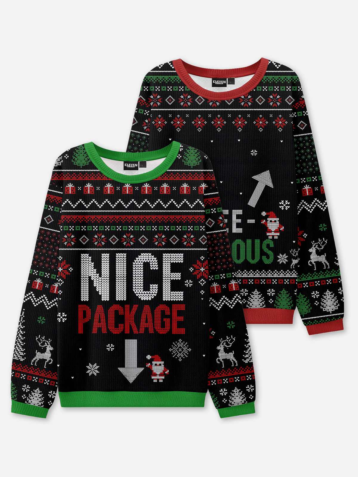 Nice Package & Tree-Mendous Couples Ugly Christmas Sweaters ElevenOasis