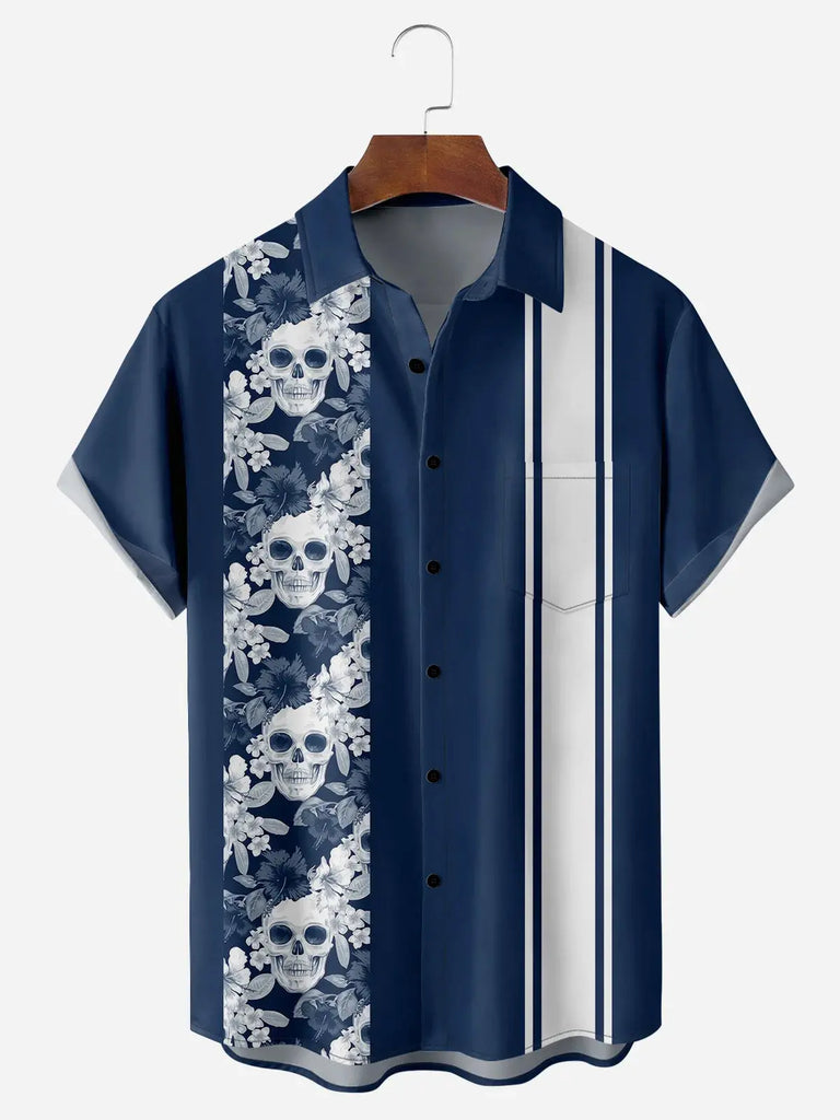 Men's Striped with Floral Skulls Short Sleeve Casual ShirtMens short sleeve shirts Big and tall Mens shirts Short sleeve shirts for men Mens 4xl shirts Casual short sleeve shirts