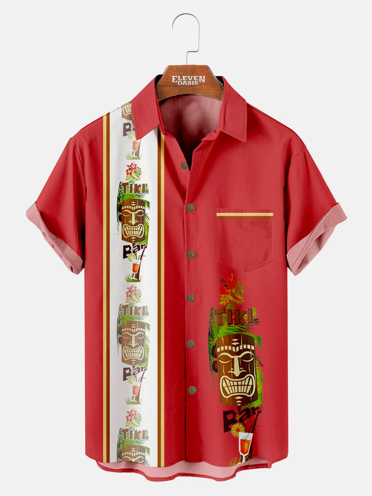 Men's Hawaiian Tiki Print Bowling Casual Short Sleeve Shirt with Chest Pocker Eleven Oasis