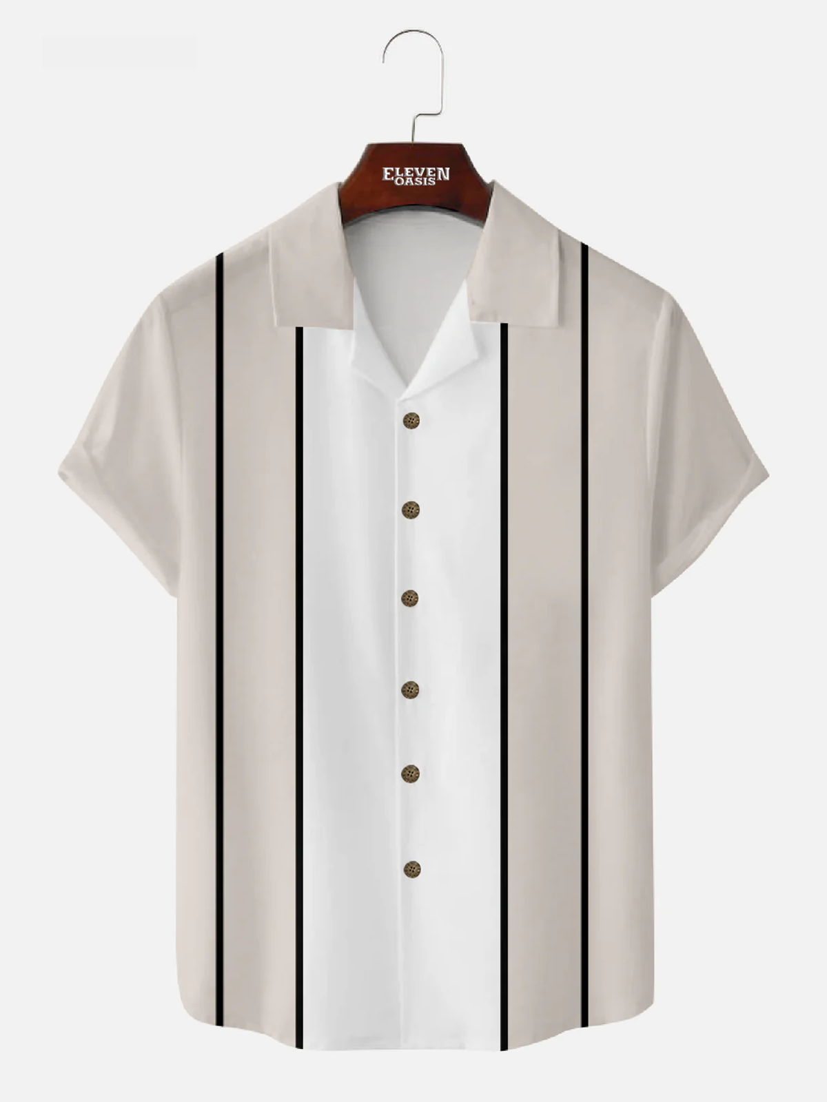 Men's Vintage Oatmeal White Panel Stripe Camp Collar Shirt Eleven Oasis