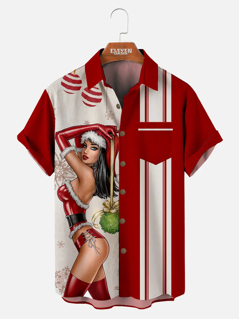 Striped Christmas Beauty Pattern Men's Short Sleeve Shirt ElevenOasis