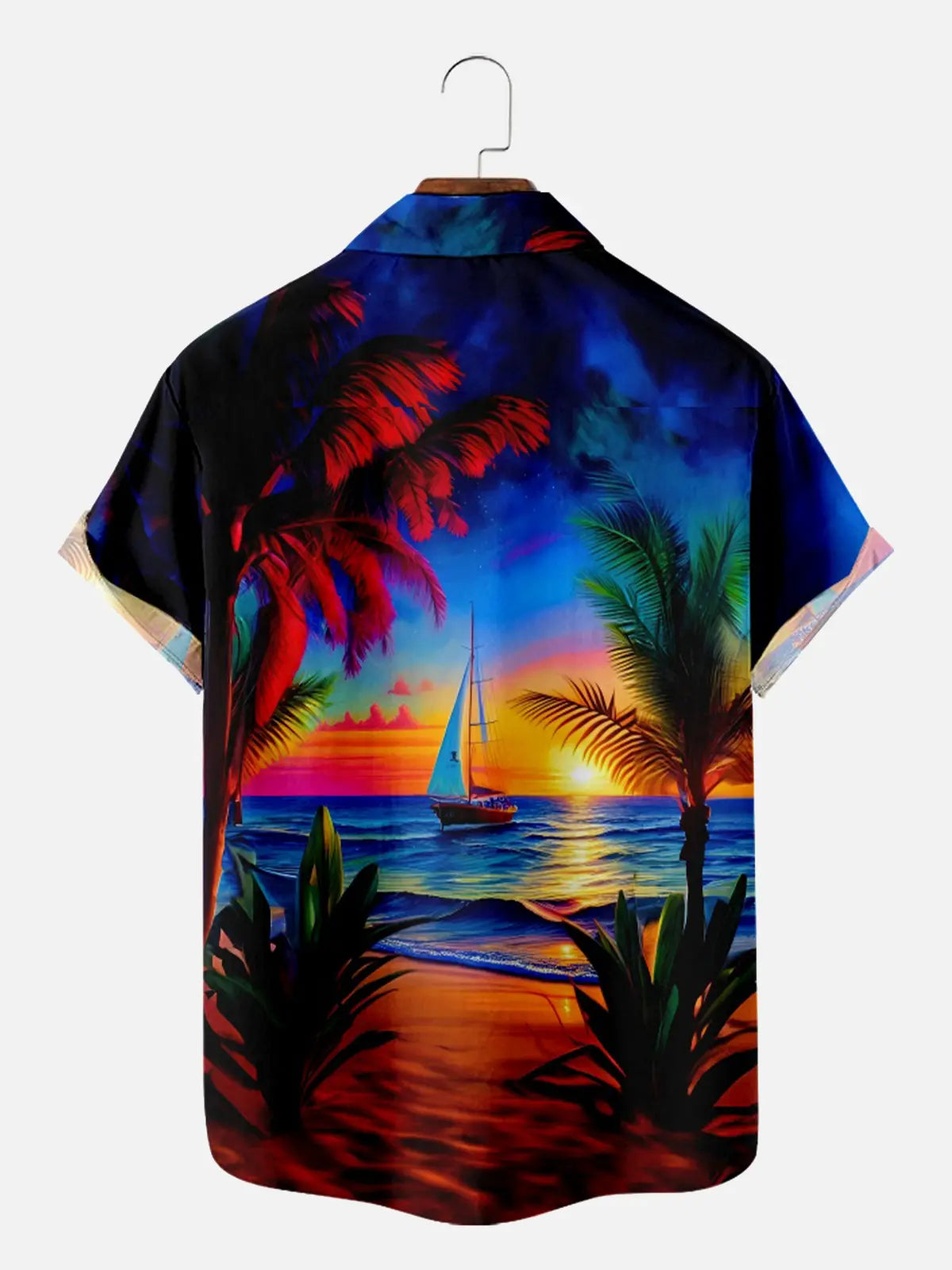Men's Vibrant Sunset Beach Ocean Sand Vacation Short Sleeve Shirt Eleven Oasis