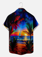 Men's Vibrant Sunset Beach Ocean Sand Vacation Short Sleeve Shirt Eleven Oasis