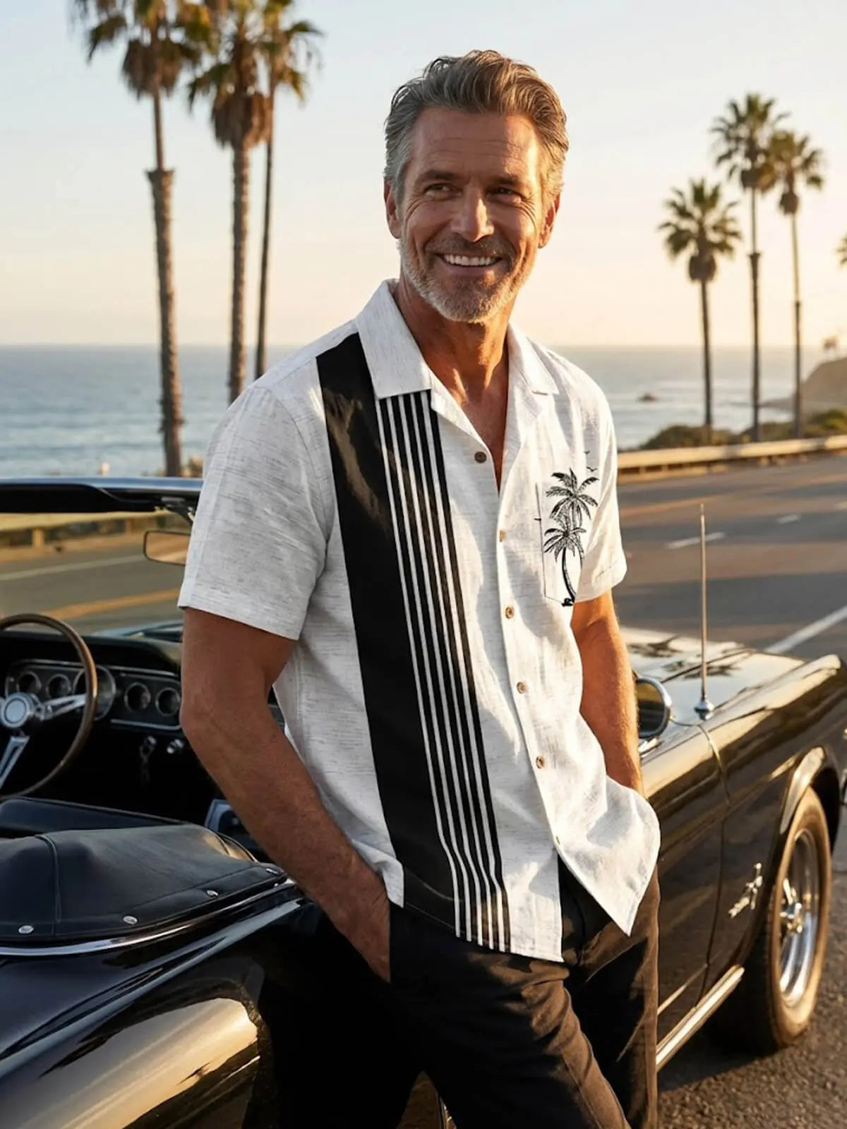 Men's Palm Stripe Bowling Short Sleeve Shirt Eleven Oasis