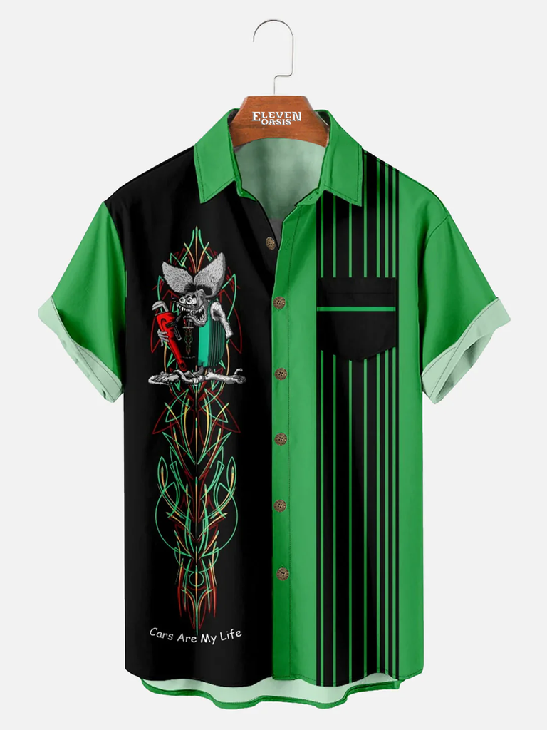Men's Rat Fink Hot Rod Pinstripe Shirt with Chest Pocket Eleven Oasis