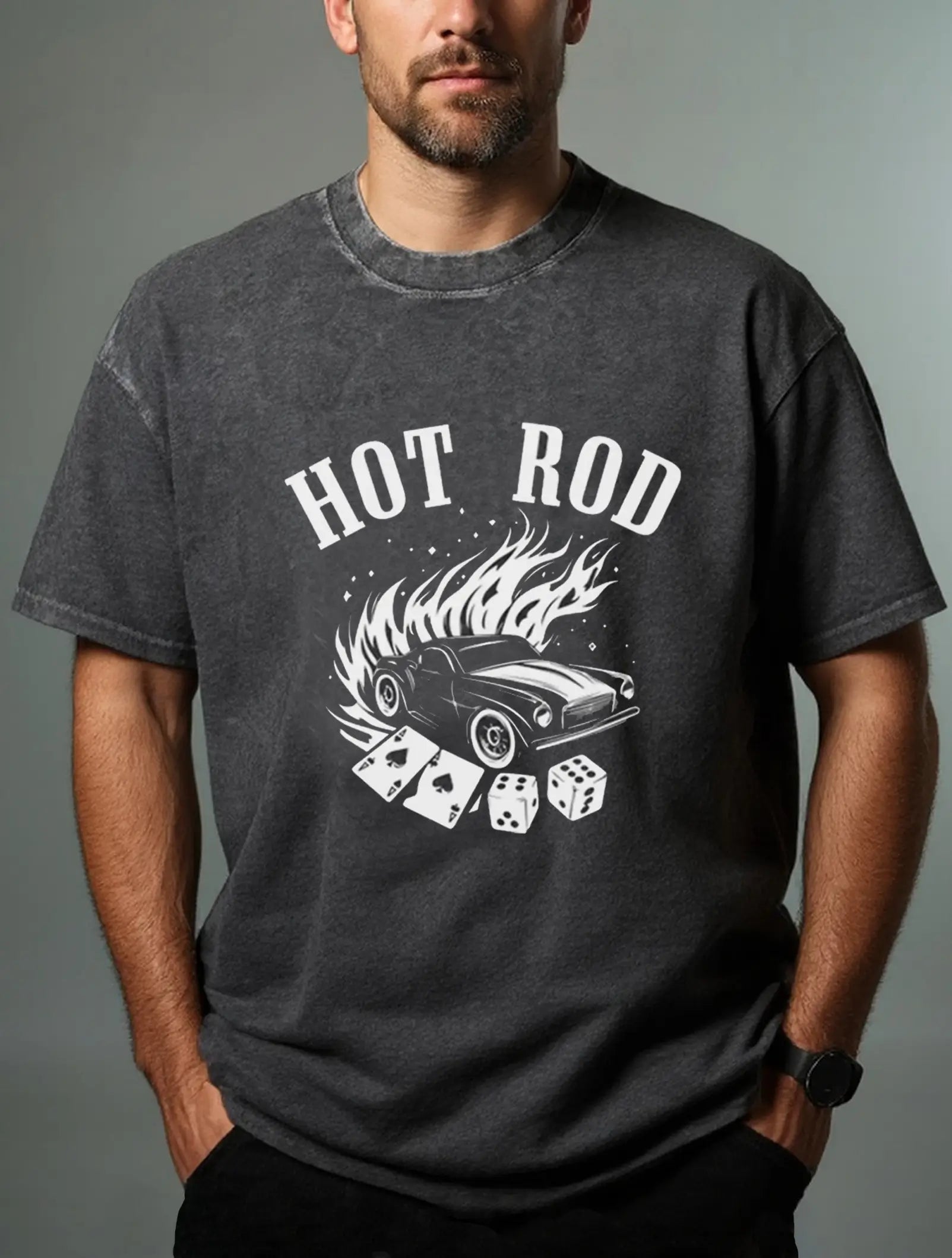 Men's Hot Rod Cotton Round Neck Short Sleeve T-Shirt Vintage Car and Flames Design Eleven Oasis