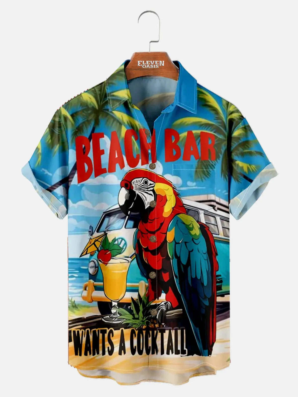 Men's Retro VW Minibus Parrot Vacation Palm Trees Beach Drink Short Sleeve Shirt ElevenOasis