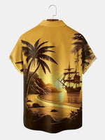 Men's Pirate Ship Tropical Sunset Hawaiian Short Sleeve Shirt ElevenOasis