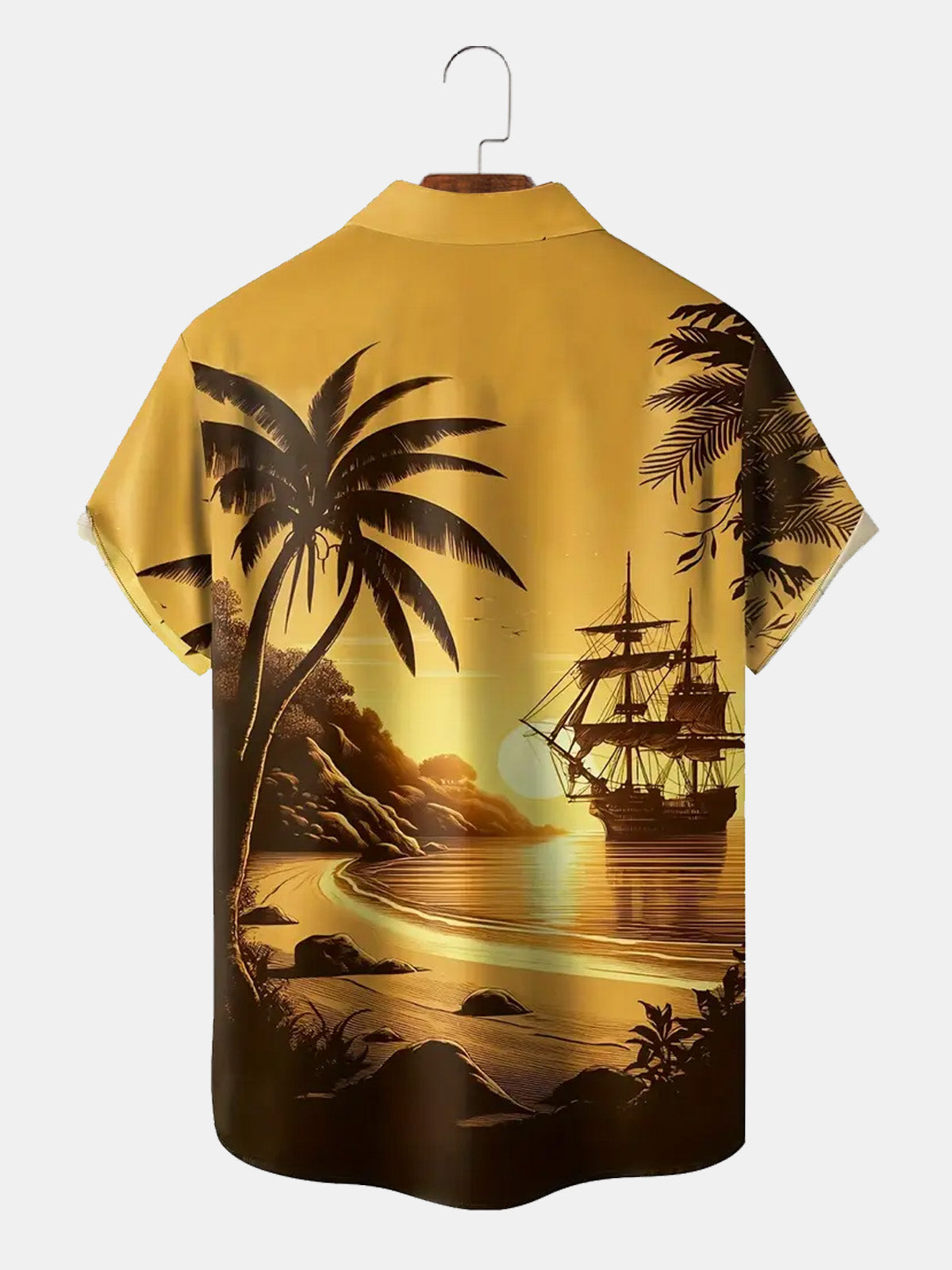 Men's Pirate Ship Tropical Sunset Hawaiian Short Sleeve Shirt ElevenOasis