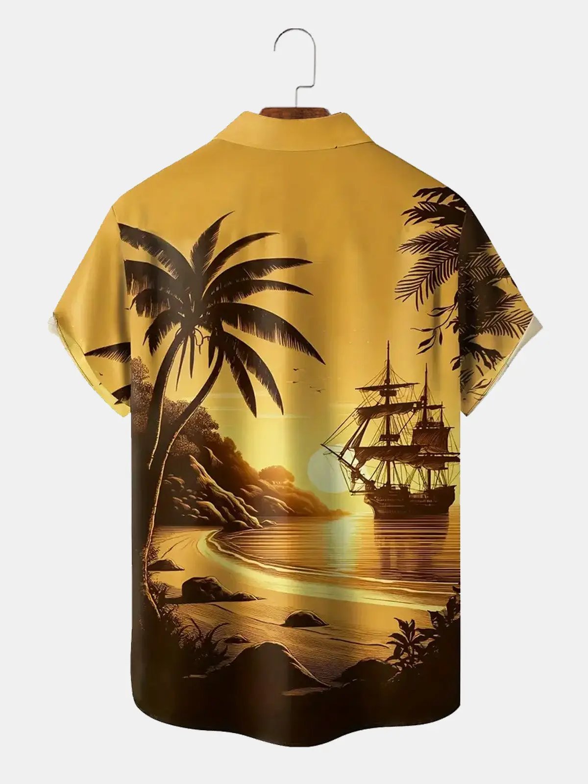 Men's Pirate Ship Tropical Sunset Hawaiian Short Sleeve Shirt ElevenOasis
