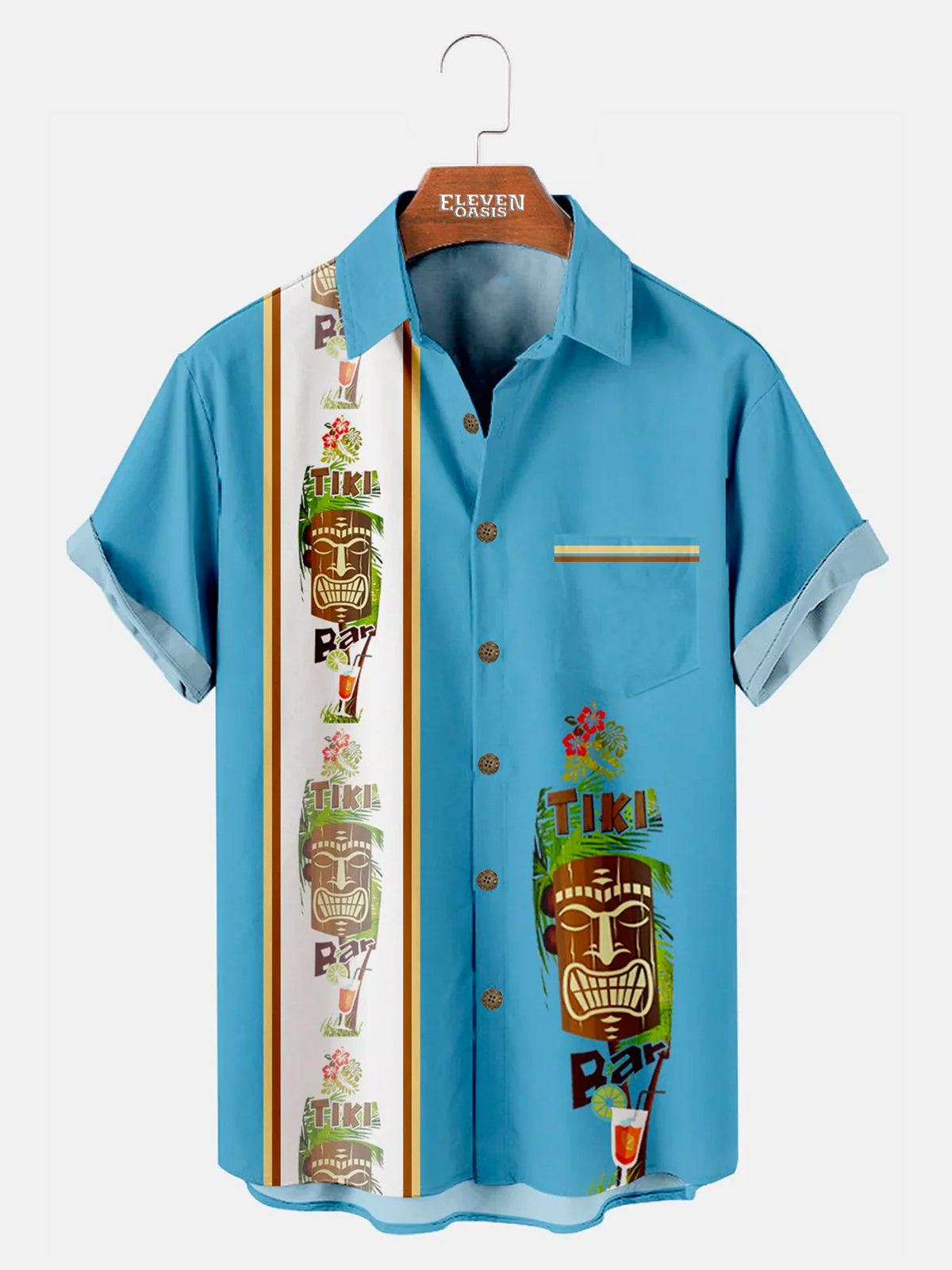 Tall Men's Hawaiian Tiki Print Bowling Casual Short Sleeve Shirt with Chest Pocket Eleven Oasis