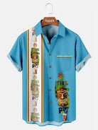 Men's Hawaiian Tiki Print Bowling Casual Short Sleeve Shirt with Chest Pocket Eleven Oasis