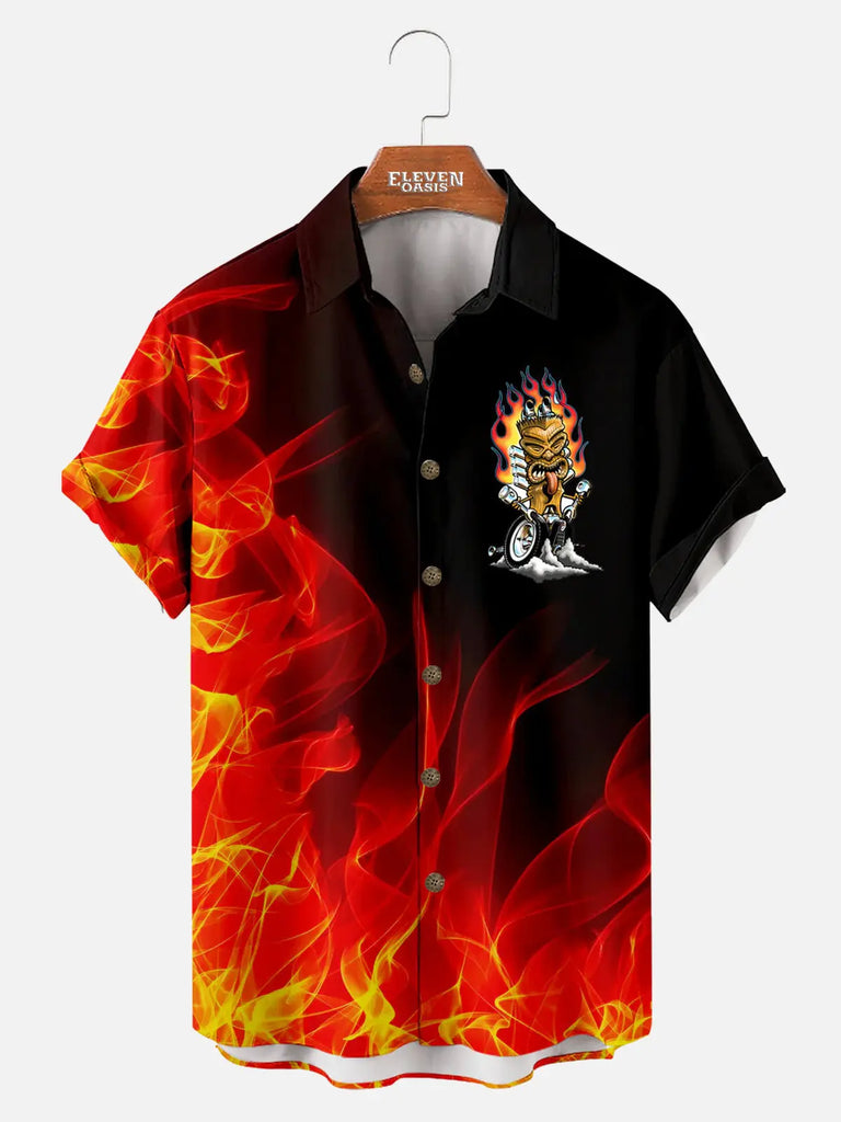 Car Flame Contrast Color Short Sleeve Shirt Eleven Oasis