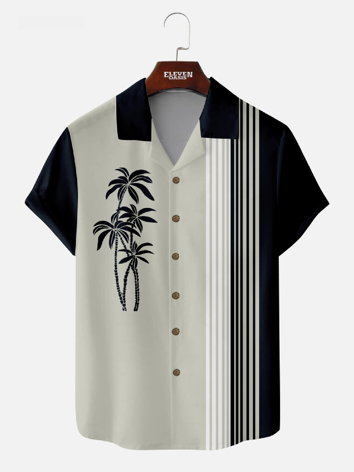Tall Men's Palm Trees Panel Striped Bowling Camp Collar Short Sleeve Shirt Eleven Oasis