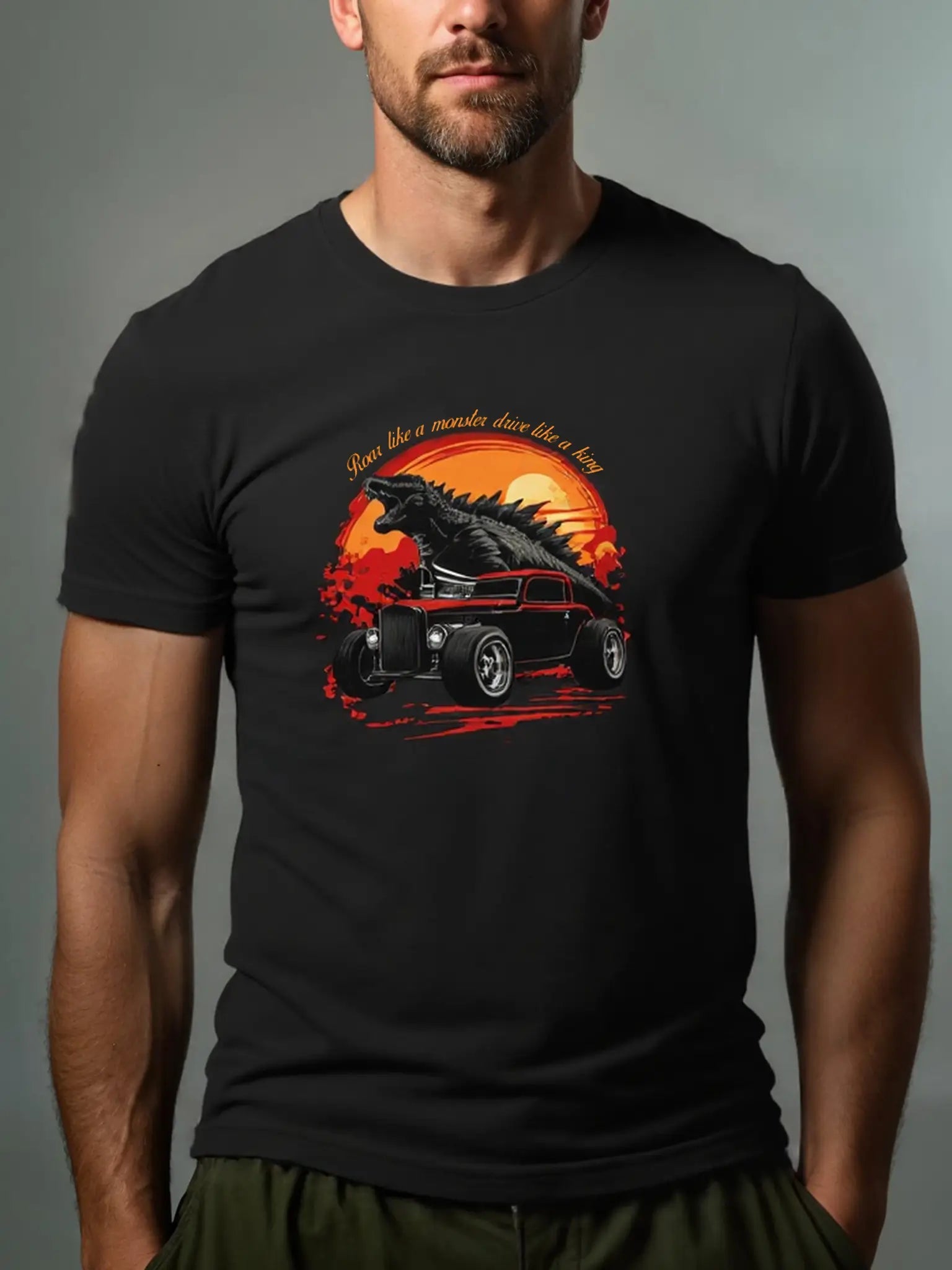 Men's Hot Rod Basic Cotton Round Neck Short Sleeve T-Shirt Godzilla Meets Muscle Car Artwork Eleven Oasis