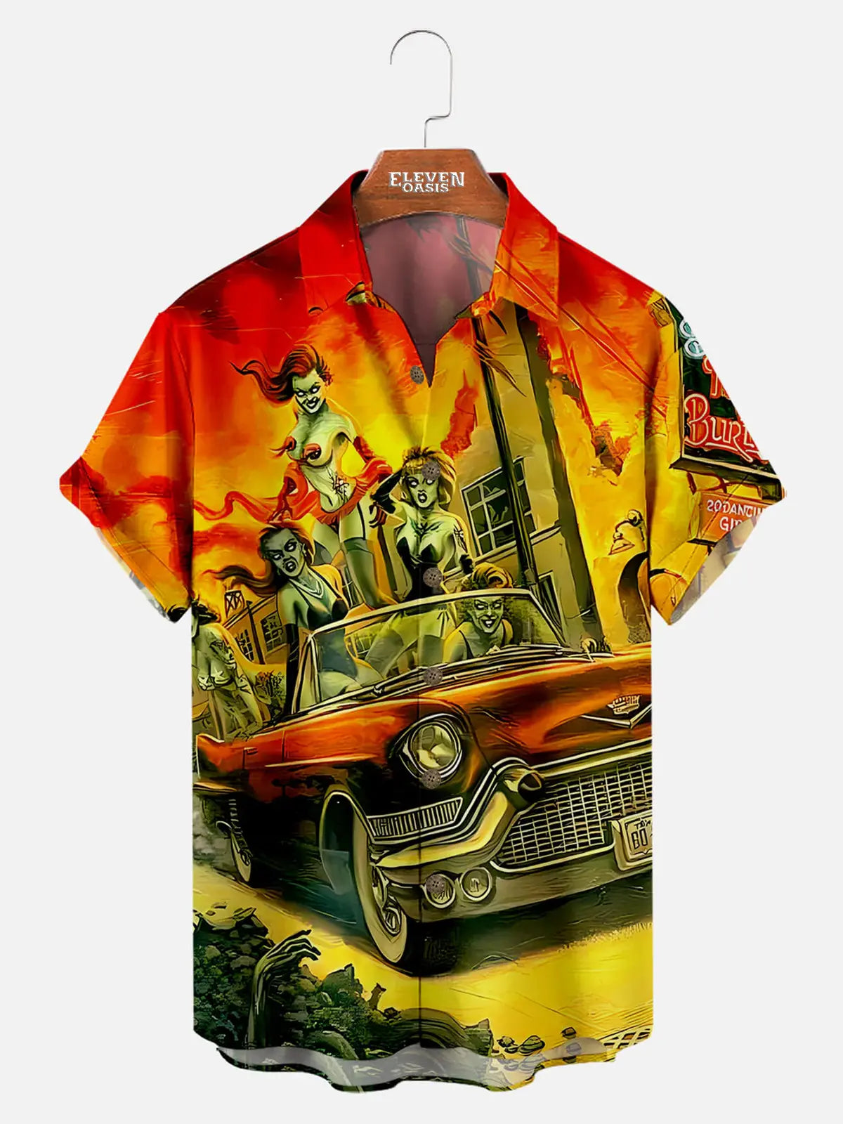 Belle And Car Illustration Print Men's Short Sleeve Shirt ElevenOasis