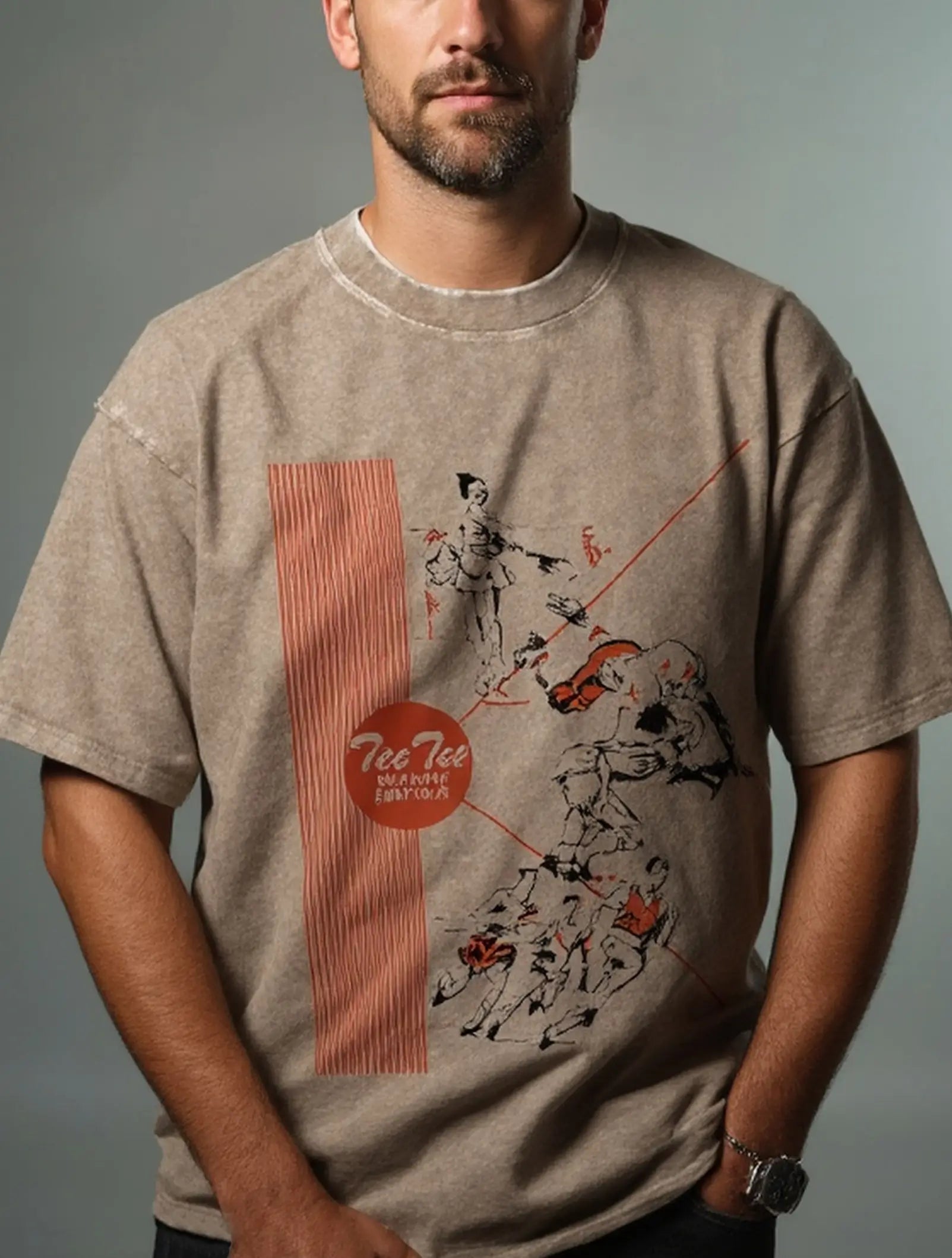 Men's Retro Cotton Round Neck Short Sleeve T-Shirt Washed Classic Peechee Pattern Eleven Oasis
