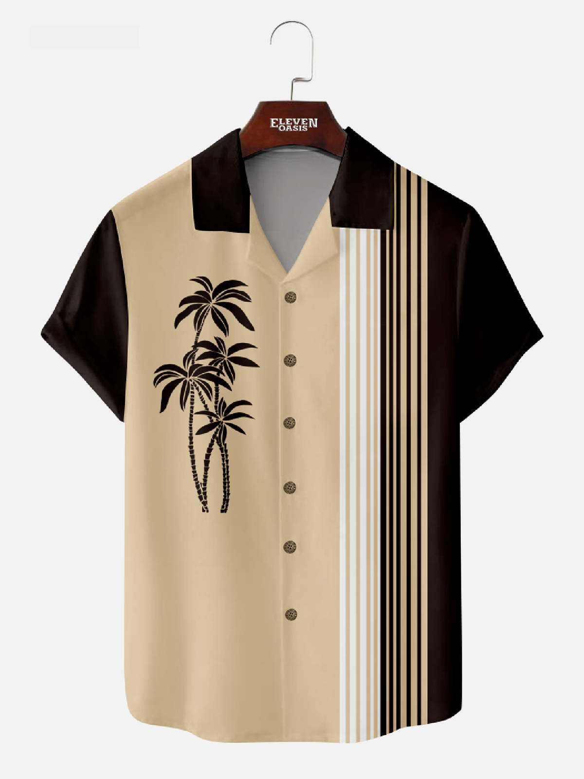Tall Men's Palm Trees Panel Striped Bowling Camp Collar Short Sleeve Shirt Eleven Oasis