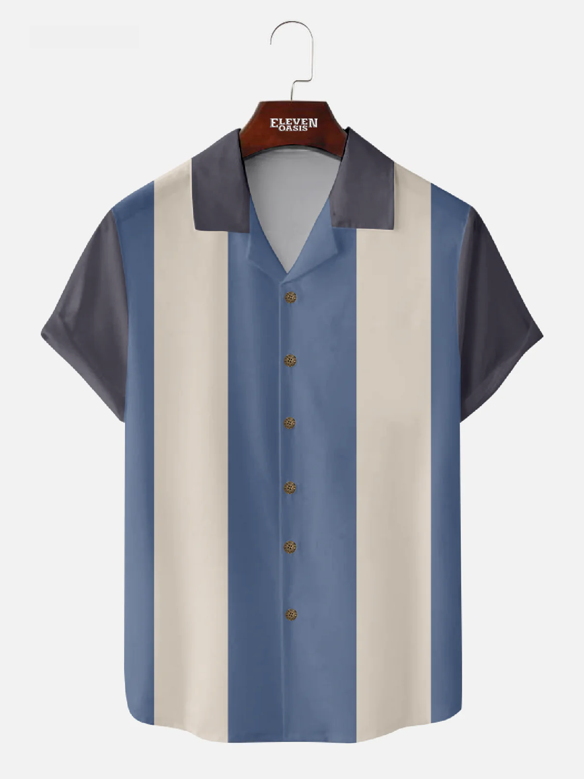 Men's  Morandi Color block Panel Stripe Camp Collar Short Sleeve Shirt Eleven Oasis