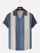 Men's Morandi Color block Panel Stripe Camp Collar Short Sleeve Shirt ElevenOasis