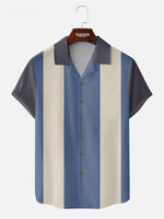 Men's Morandi Color block Panel Stripe Camp Collar Short Sleeve Shirt Eleven Oasis