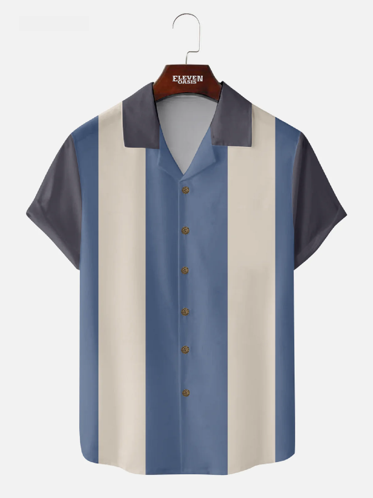 Men's  Morandi Color block Panel Stripe Camp Collar Short Sleeve Shirt Eleven Oasis