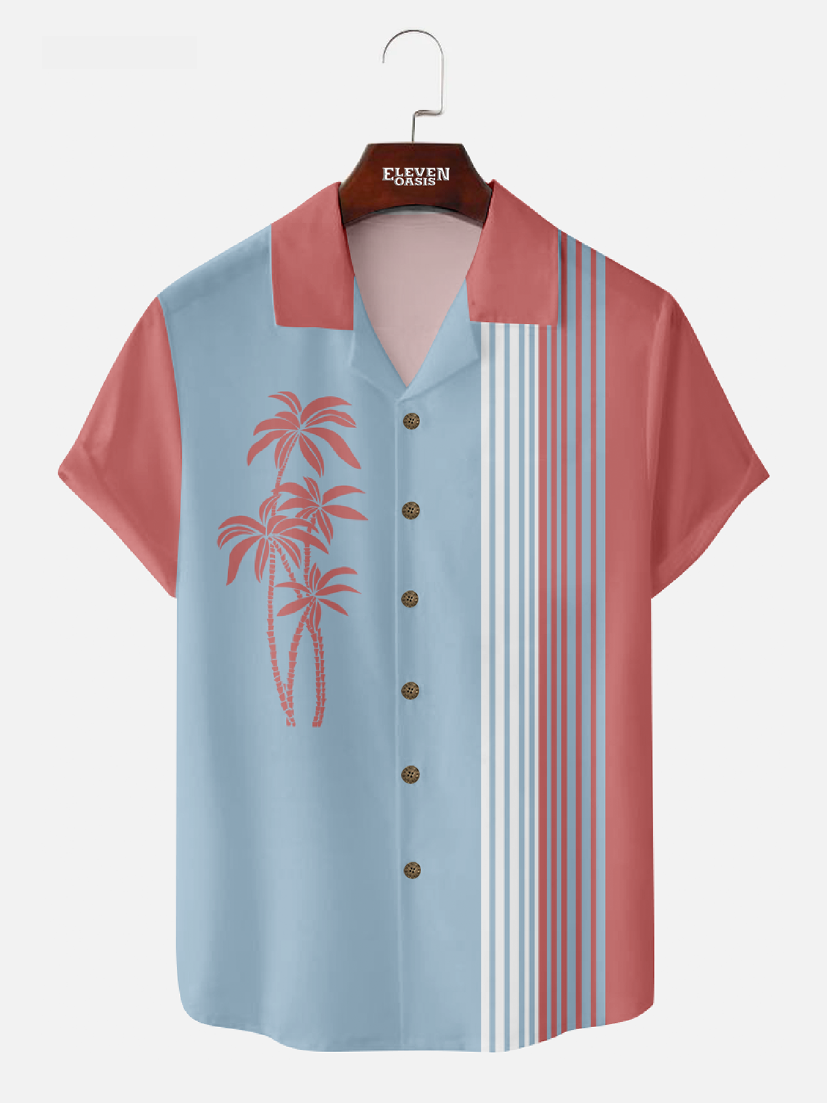 Tall Men's Palm Trees Panel Striped Bowling Camp Collar Short Sleeve Shirt Eleven Oasis