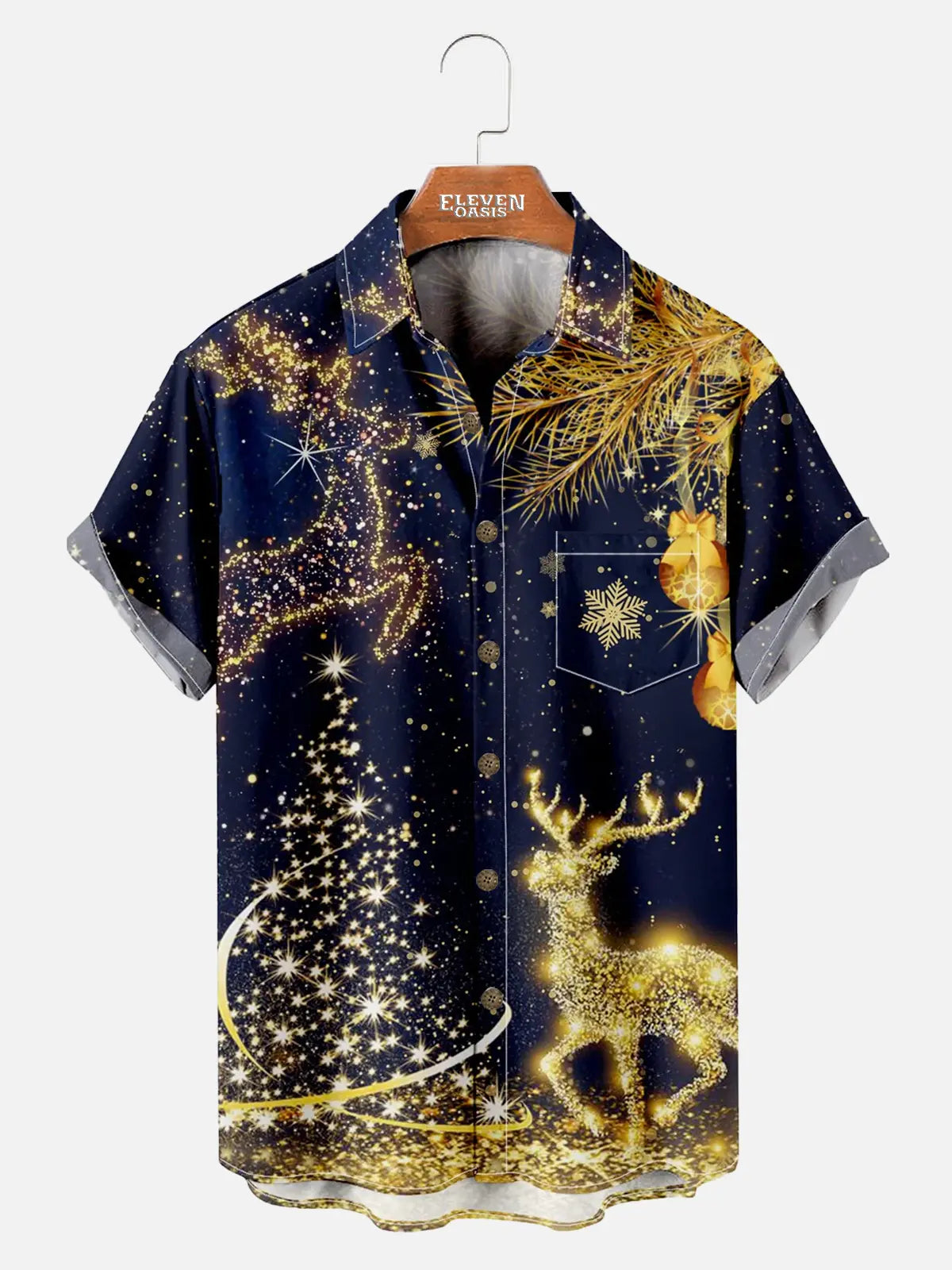 Sparkly Lights Christmas Reindeer Men's Short Sleeve Shirt ElevenOasis