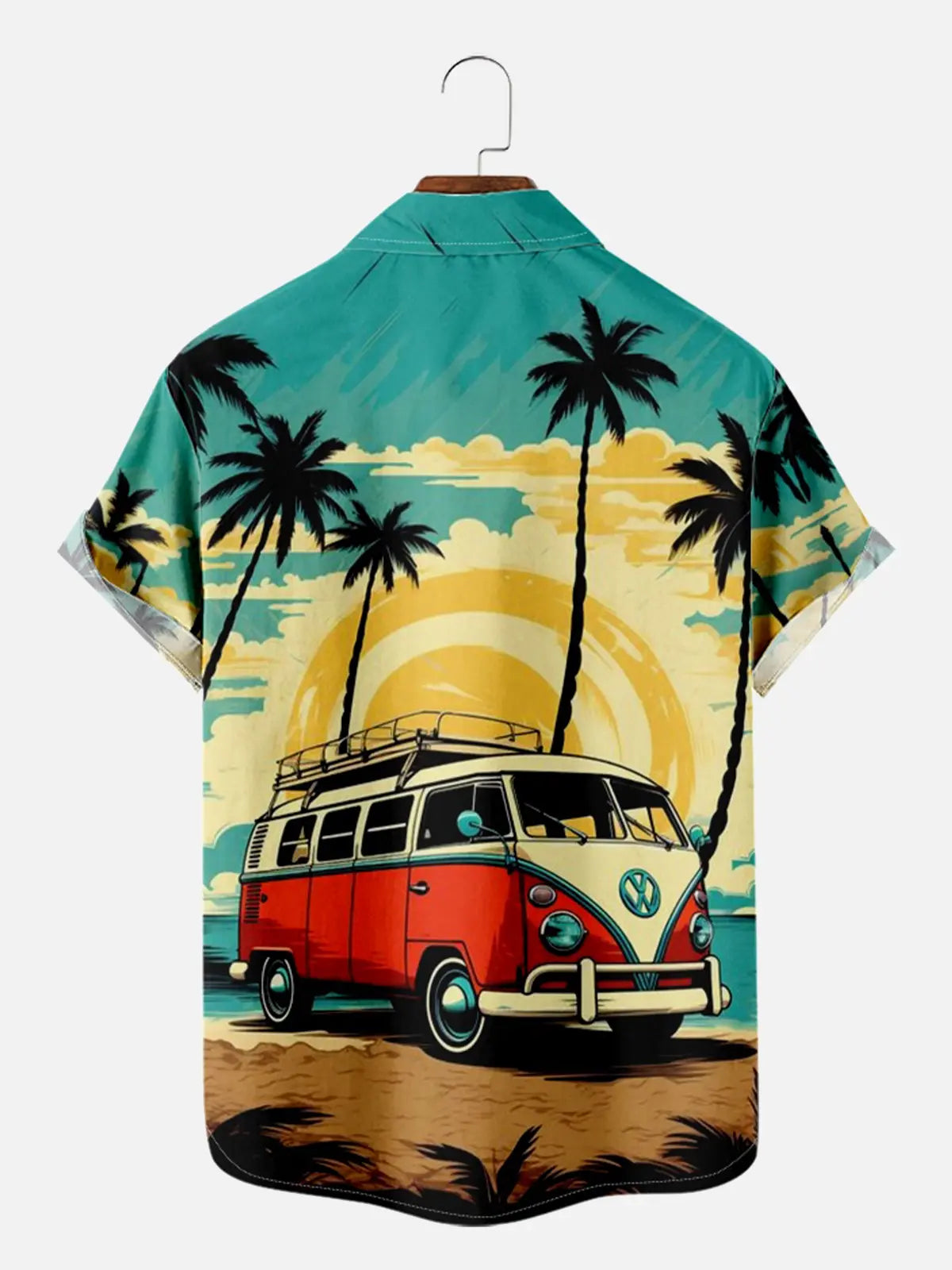Men's Retro VW Minibus Parrot Vacation Palm Trees Beach Short Sleeve Shirt ElevenOasis