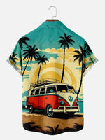 Men's Retro VW Minibus Parrot Vacation Palm Trees Beach Short Sleeve Shirt ElevenOasis