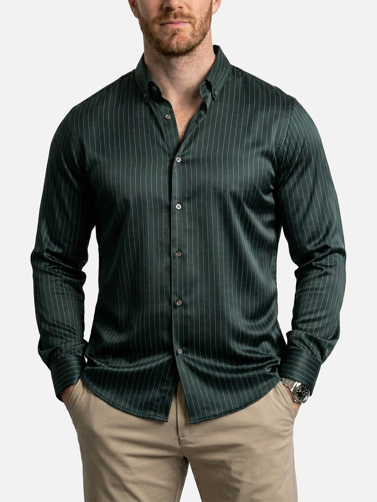 Men's Classic Pinstripe Stretch Slim Fit Long Sleeve Shirt Eleven Oasis