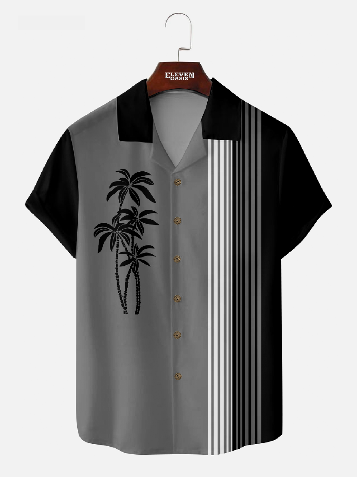 Tall Men's Palm Trees Panel Striped Bowling Camp Collar Short Sleeve Shirt Eleven Oasis