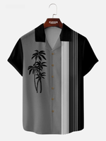 Tall Men's Palm Trees Panel Striped Bowling Camp Collar Short Sleeve Shirt Eleven Oasis