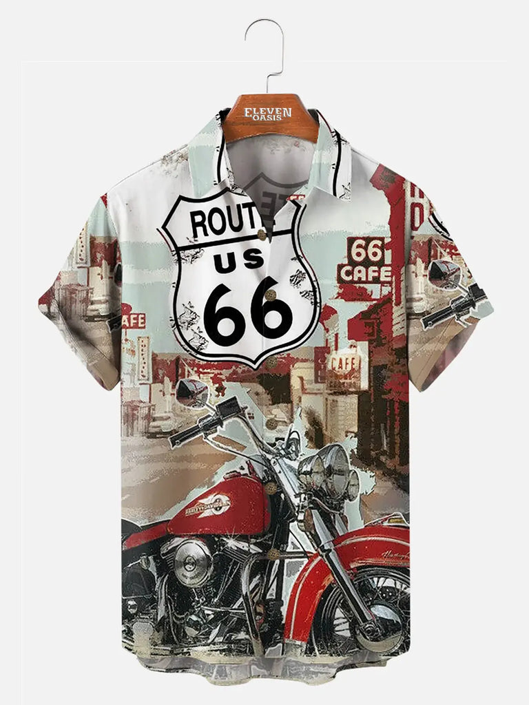 U.S. Route 66 Motorcycle Print Men's Short Sleeve Shirt Eleven Oasis