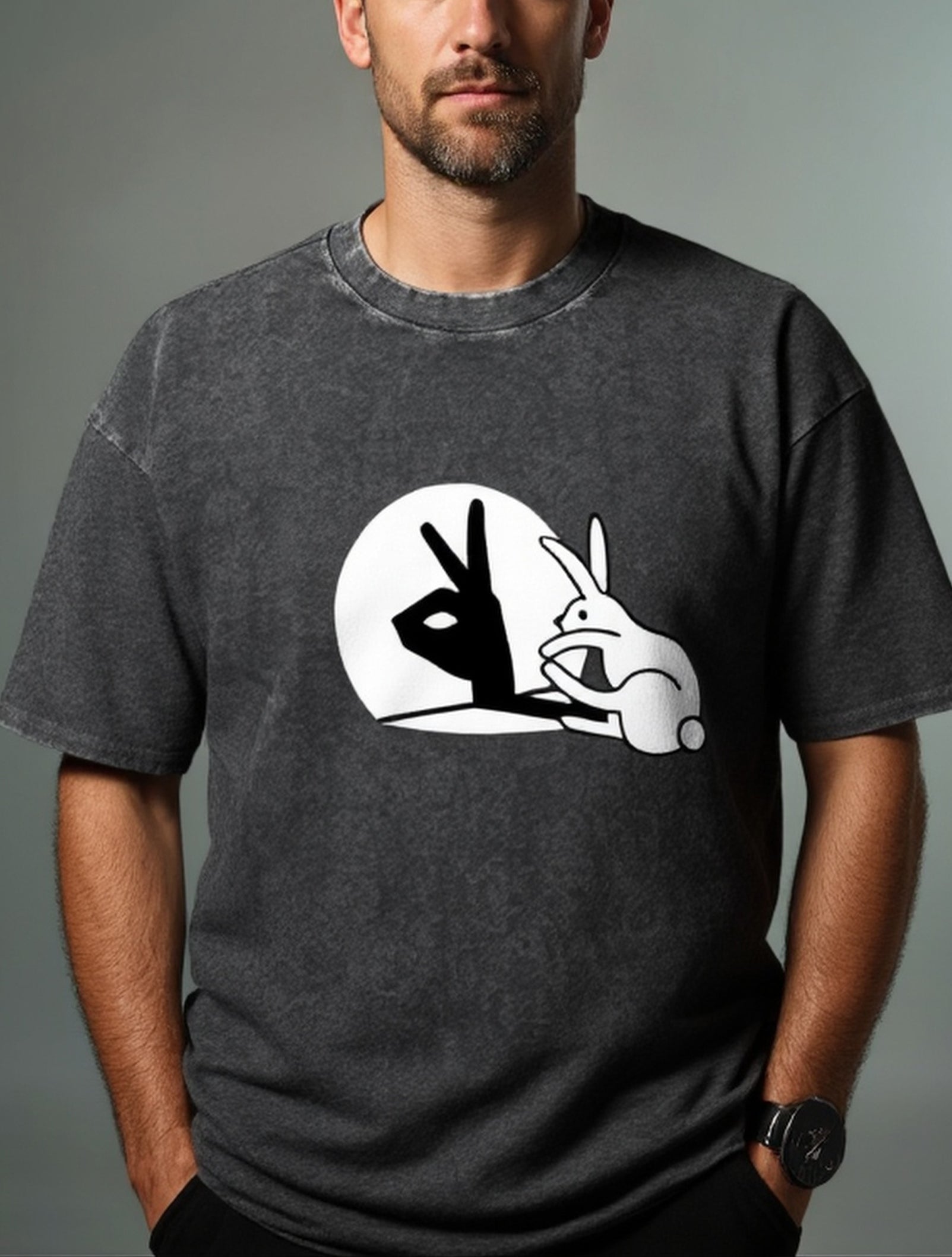 Men's Easter Cotton Round Neck Short Sleeve T-Shirt Funny Rabbit Hand Shadow Eleven Oasis