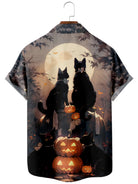 Men's Halloween Black Cats Sitting on Pumpkins Looking at the Moon Short Sleeve ShirtMens short sleeve shirts Big and tall Mens shirts Short sleeve shirts for men Mens 4xl shirts Casual short sleeve shirts