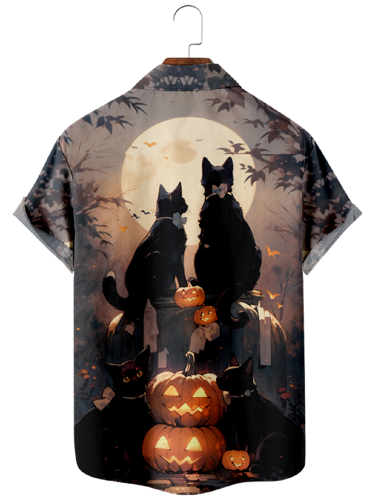 Men's Halloween Black Cats Sitting on Pumpkins Looking at the Moon Short Sleeve ShirtMens short sleeve shirts Big and tall Mens shirts Short sleeve shirts for men Mens 4xl shirts Casual short sleeve shirts