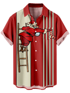 Men's Christmas Santa Hanging a Stocking Striped Short Sleeve Shirt Eleven Oasis