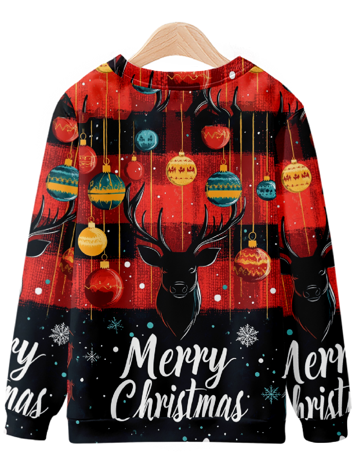 Festive Merry Christmas Ornaments and Deer Heads Sweatshirt Eleven Oasis