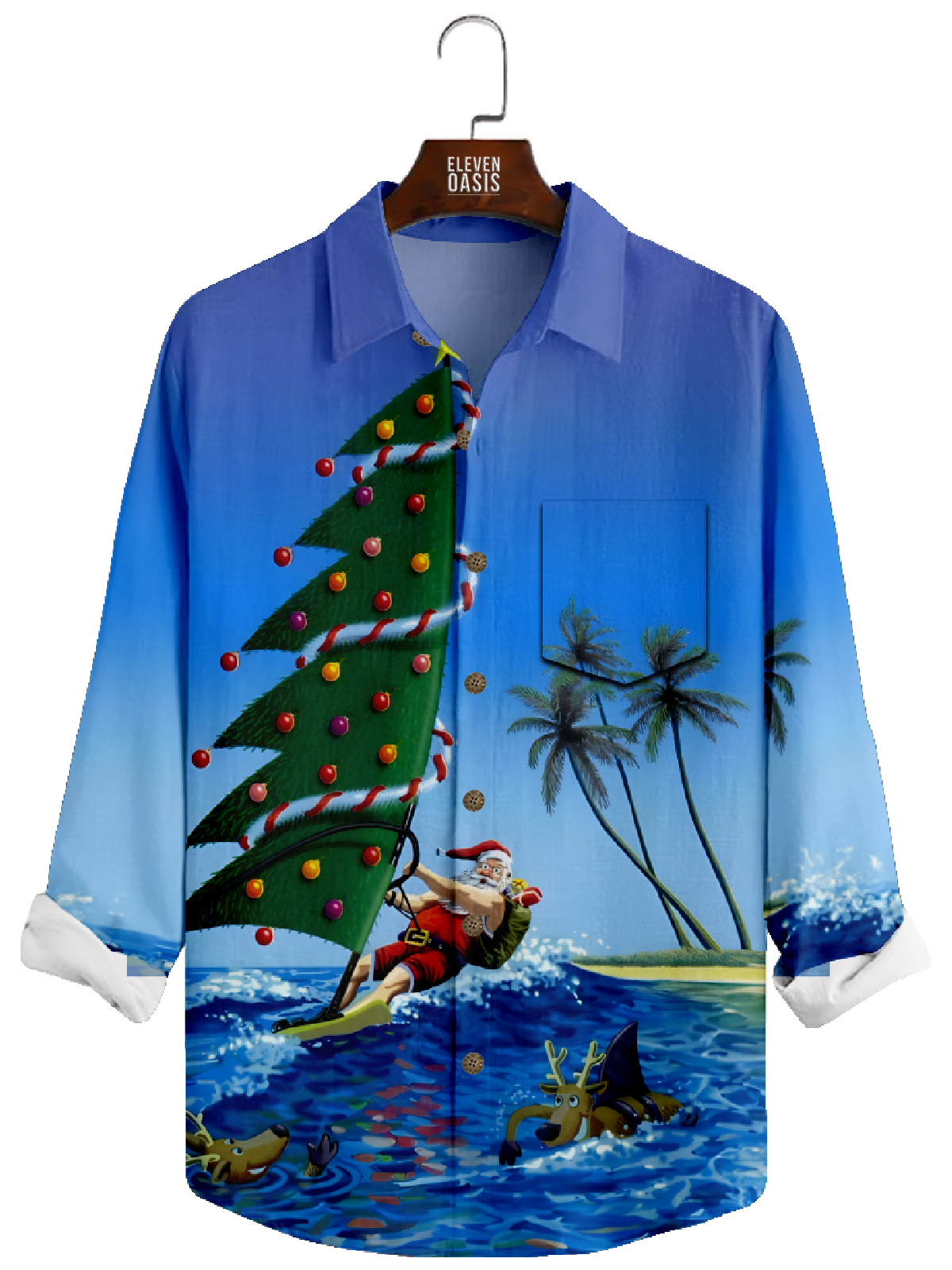 Men's Christmas Santa Surfing Long Sleeve Shirt Eleven Oasis