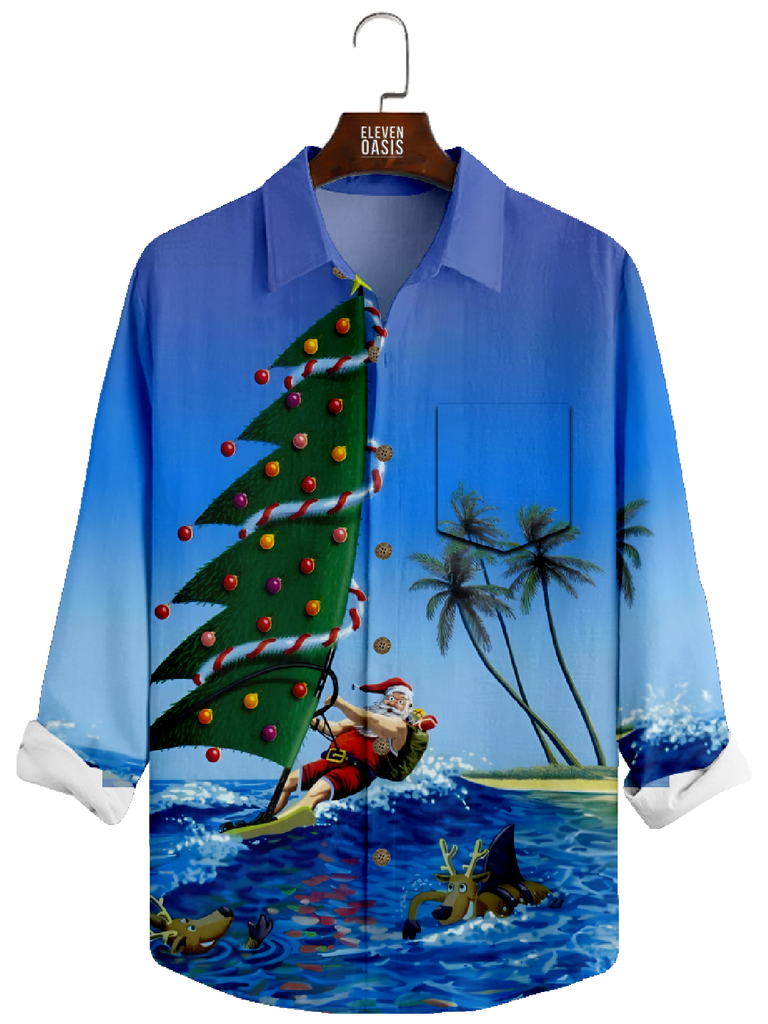 Men's Christmas Santa Surfing Long Sleeve Shirt Eleven Oasis
