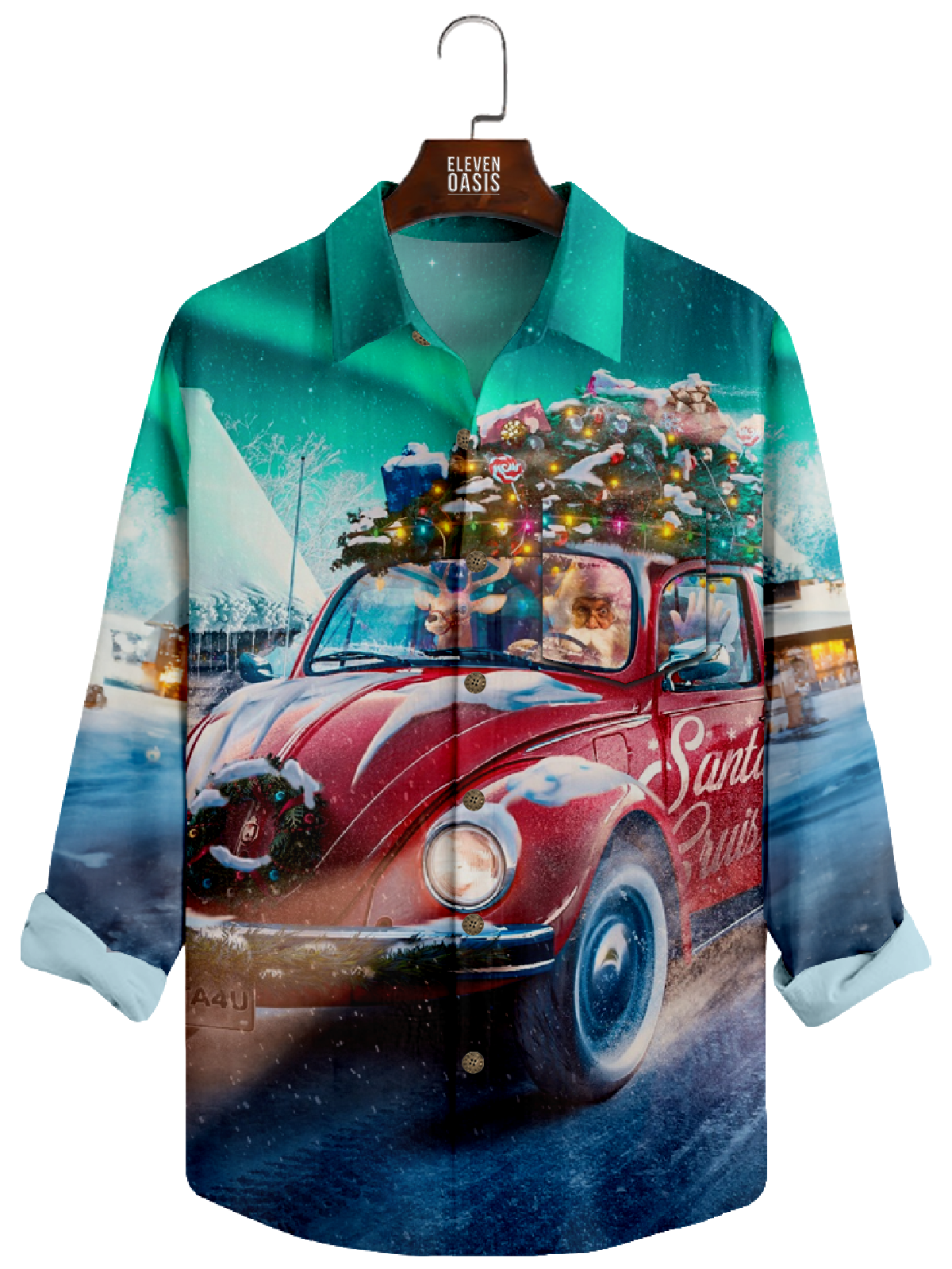 Men's Christmas Santa Driving Red Car Long Sleeve Shirt Eleven Oasis