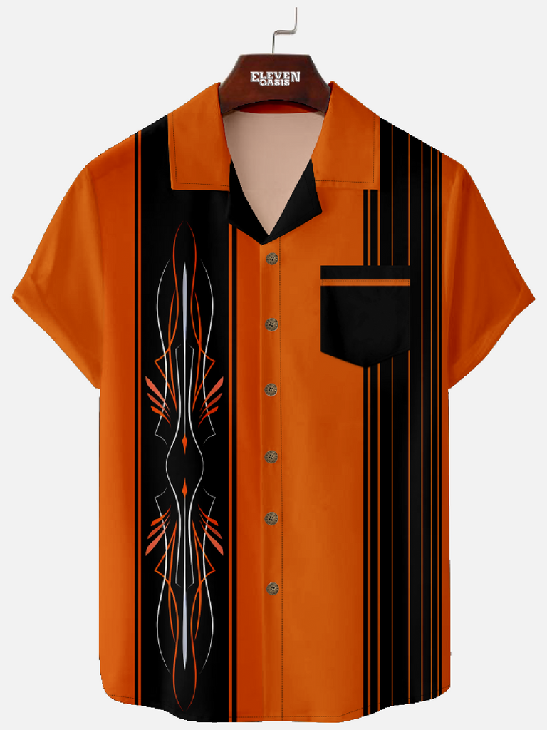 Men's Hot Rod Car Stripe Color-block Panel Camp Collar Short Sleeve Shirt Eleven Oasis