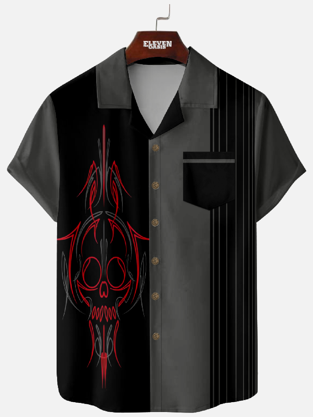 Men's Hot Rod Color-block Skull Camp Collar Shirt