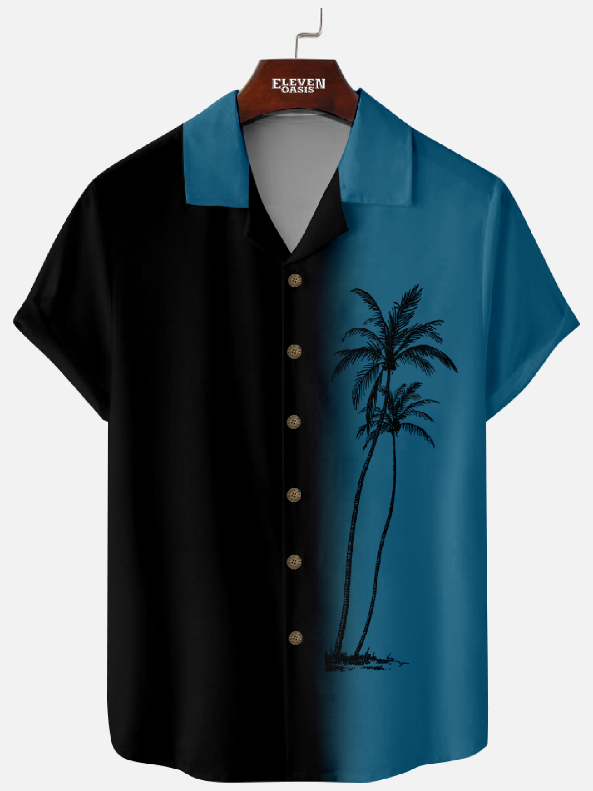 Men's Black Peacock Gradient Palm Tree Camp Collar Short Sleeve Shirt Eleven Oasis