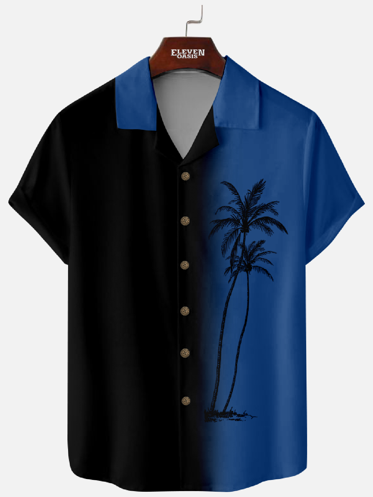 Men's Black Peacock Gradient Palm Tree Camp Collar Short Sleeve Shirt Eleven Oasis