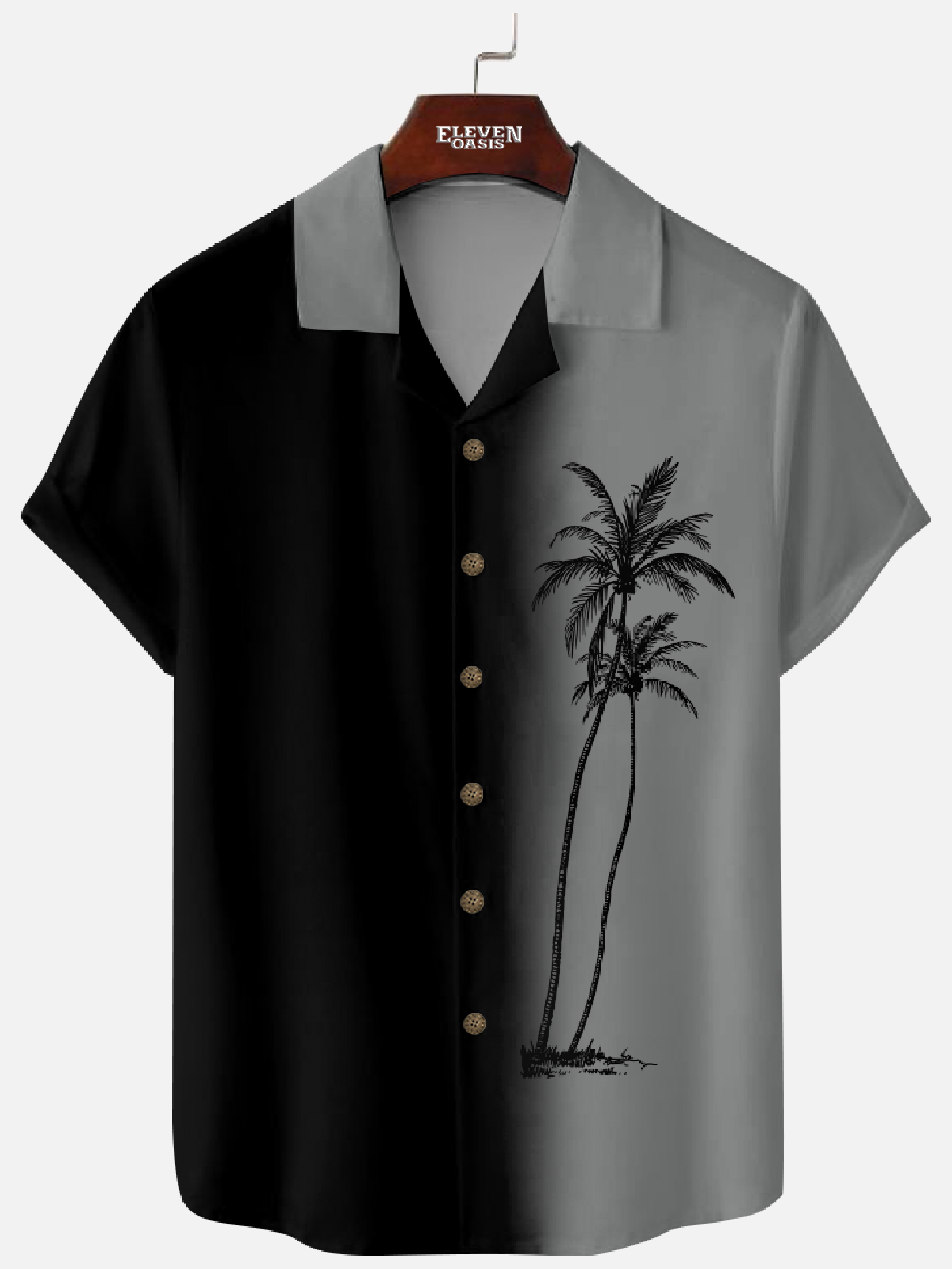 Men's Black Peacock Gradient Palm Tree Camp Collar Short Sleeve Shirt Eleven Oasis