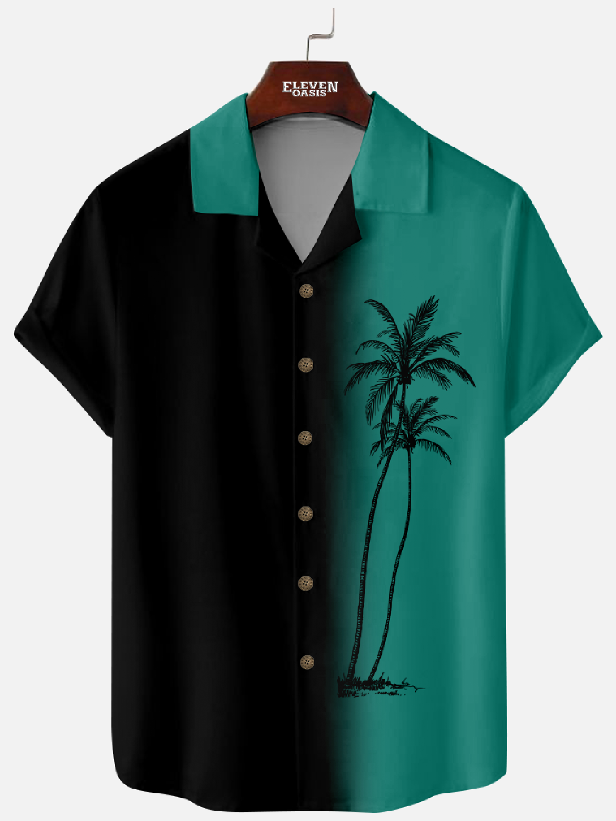 Eleven Oasis Men’s Black Peacock Green Gradient Cuban Collar Shirt Palm Tree Print Retro Vacation Design